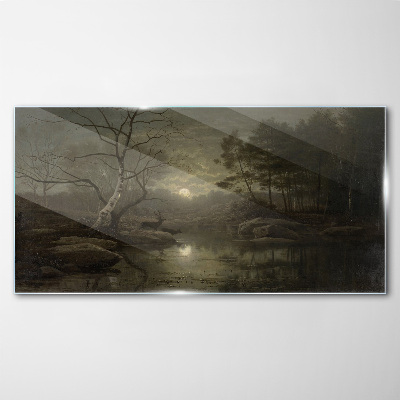 Glasbild Nachtlandschaft mit einem Hirsch