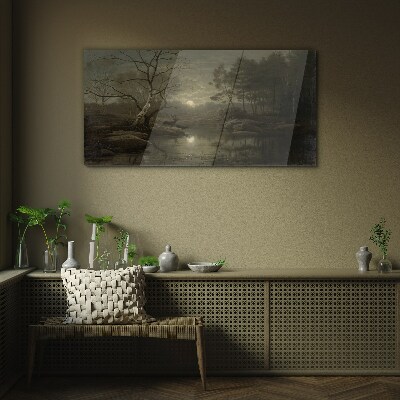Glasbild Nachtlandschaft mit einem Hirsch