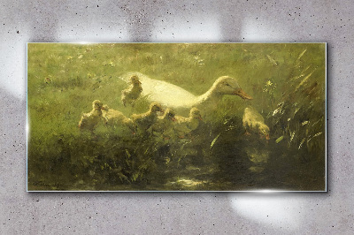 Bild auf glas drucken Ente mit Küken im Gras