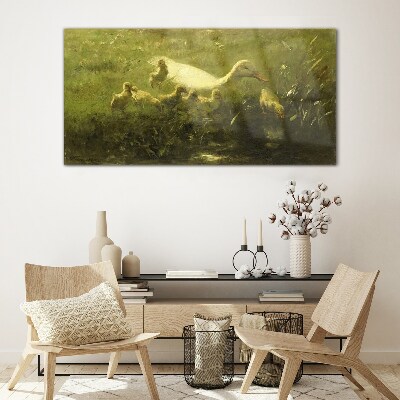 Bild auf glas drucken Ente mit Küken im Gras