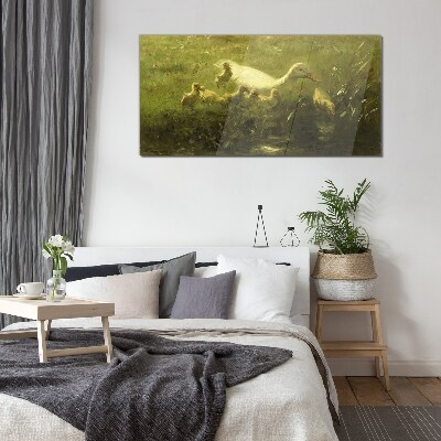Bild auf glas drucken Ente mit Küken im Gras