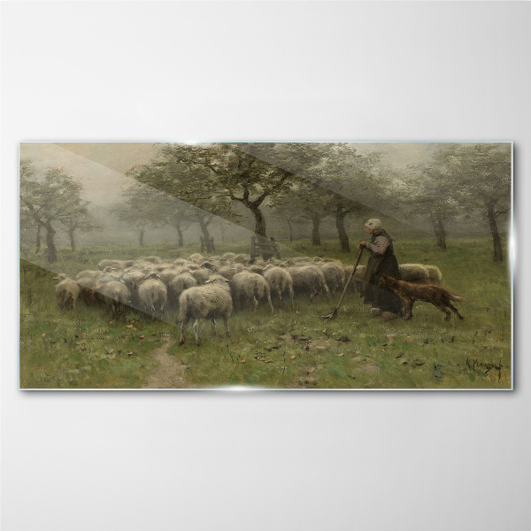 Glasbild Schafe grasen in einer mystischen Landschaft