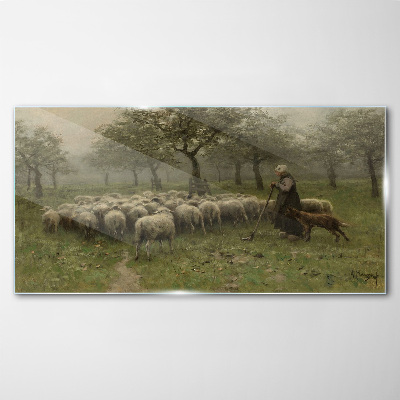 Glasbild Schafe grasen in einer mystischen Landschaft