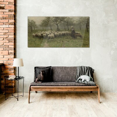Glasbild Schafe grasen in einer mystischen Landschaft