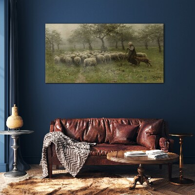 Glasbild Schafe grasen in einer mystischen Landschaft