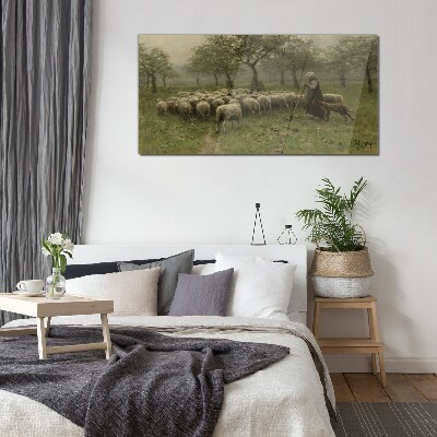 Glasbild Schafe grasen in einer mystischen Landschaft