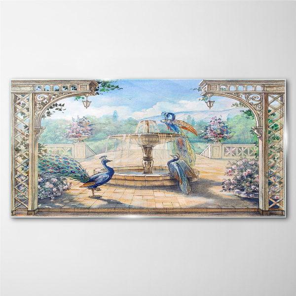 Glasbild Landschaft mit Pfau und Brunnen