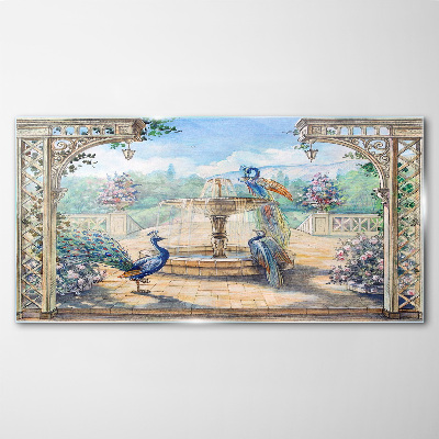Glasbild Landschaft mit Pfau und Brunnen