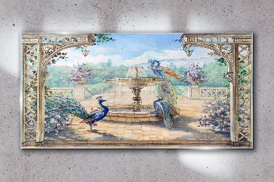 Glasbild Landschaft mit Pfau und Brunnen