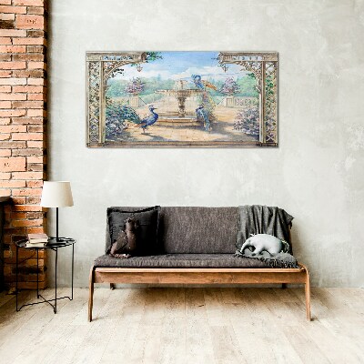 Glasbild Landschaft mit Pfau und Brunnen