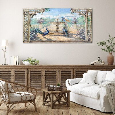 Glasbild Landschaft mit Pfau und Brunnen