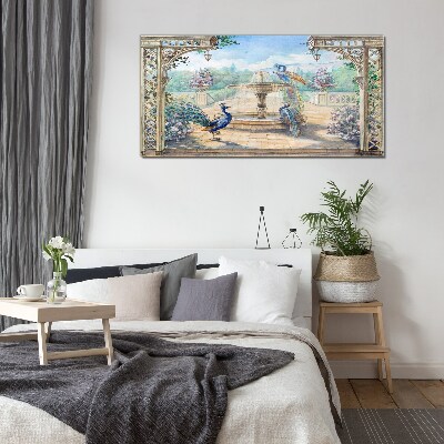 Glasbild Landschaft mit Pfau und Brunnen