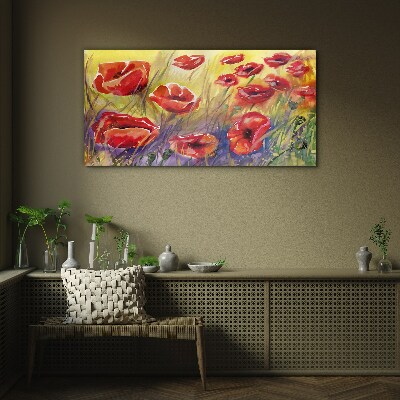 Glasbild Rote Mohnblumen gegen die Sonne