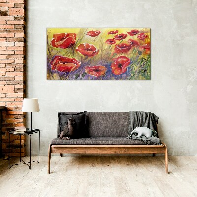 Glasbild Rote Mohnblumen gegen die Sonne