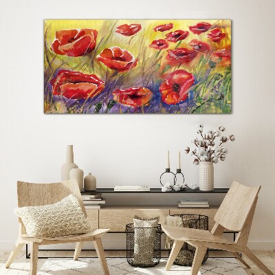 Glasbild Rote Mohnblumen gegen die Sonne
