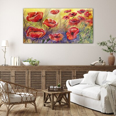 Glasbild Rote Mohnblumen gegen die Sonne