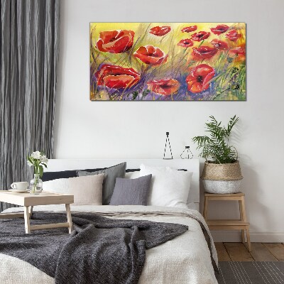 Glasbild Rote Mohnblumen gegen die Sonne