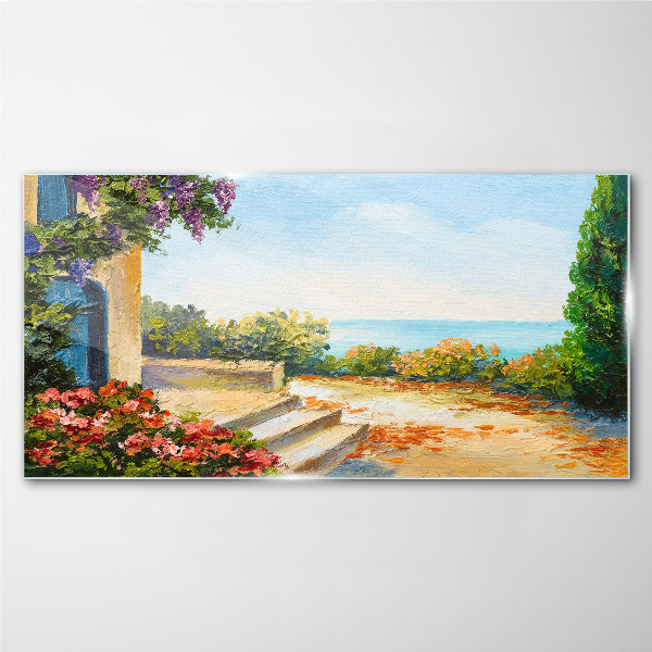 Glasbild Küstenlandschaft mit Blumen