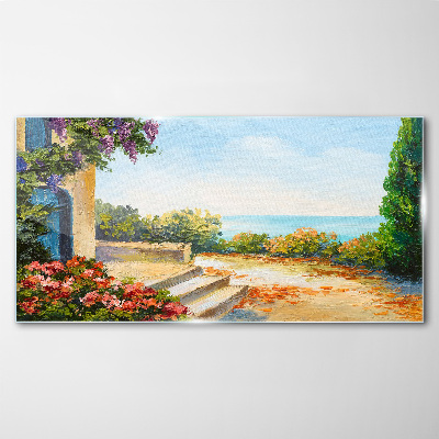Glasbild Küstenlandschaft mit Blumen