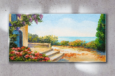 Glasbild Küstenlandschaft mit Blumen