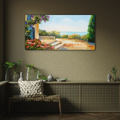 Glasbild Küstenlandschaft mit Blumen