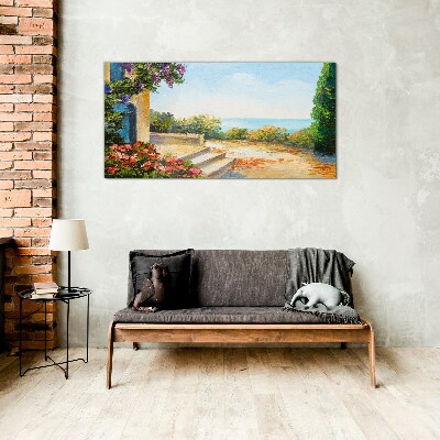 Glasbild Küstenlandschaft mit Blumen