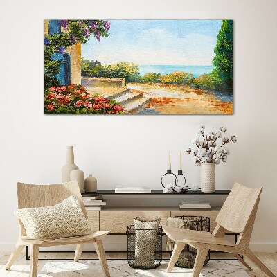 Glasbild Küstenlandschaft mit Blumen