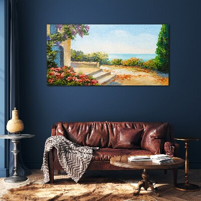 Glasbild Küstenlandschaft mit Blumen
