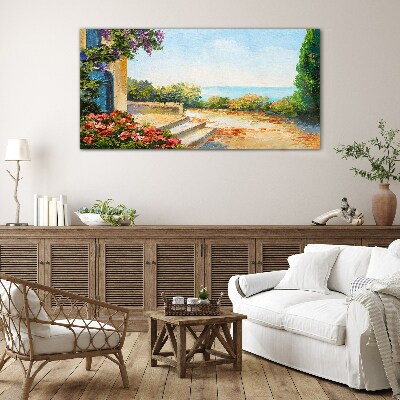 Glasbild Küstenlandschaft mit Blumen