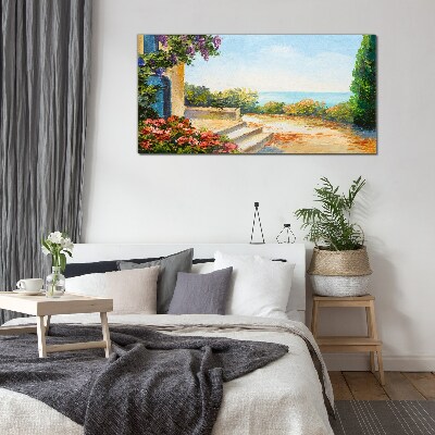 Glasbild Küstenlandschaft mit Blumen