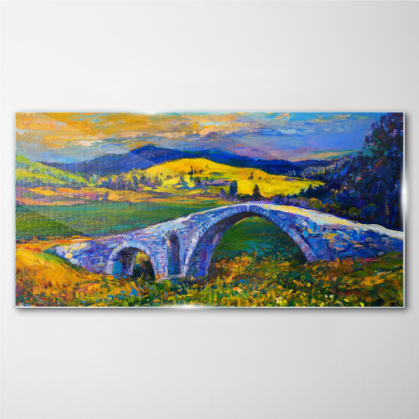 Glasbild Regenbogenbrücke in malerischer Landschaft