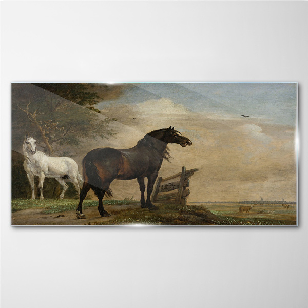Glasbild Eine friedliche Landschaft mit Pferden