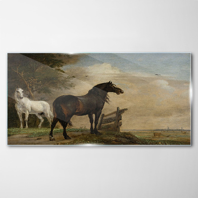 Glasbild Eine friedliche Landschaft mit Pferden