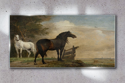 Glasbild Eine friedliche Landschaft mit Pferden