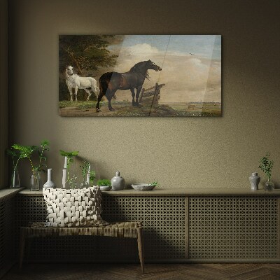 Glasbild Eine friedliche Landschaft mit Pferden