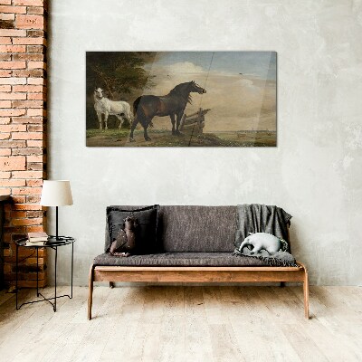 Glasbild Eine friedliche Landschaft mit Pferden