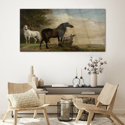 Glasbild Eine friedliche Landschaft mit Pferden
