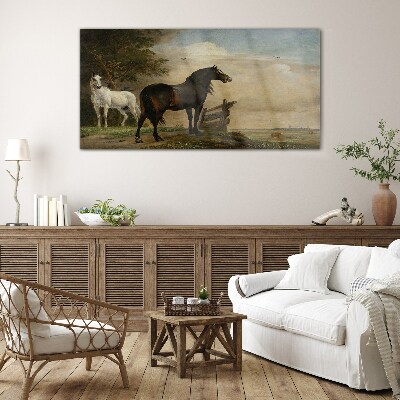 Glasbild Eine friedliche Landschaft mit Pferden