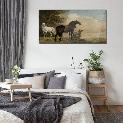 Glasbild Eine friedliche Landschaft mit Pferden
