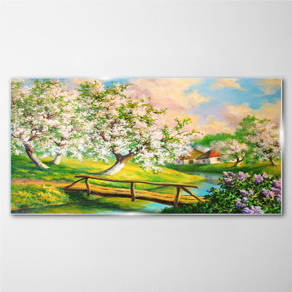 Glasbild Frühlingslandschaft mit Brücke