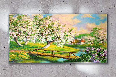 Glasbild Frühlingslandschaft mit Brücke