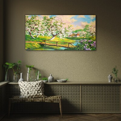 Glasbild Frühlingslandschaft mit Brücke