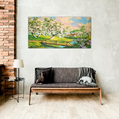 Glasbild Frühlingslandschaft mit Brücke
