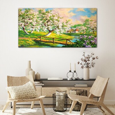 Glasbild Frühlingslandschaft mit Brücke