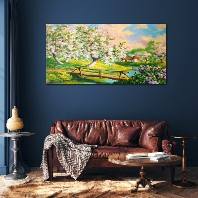 Glasbild Frühlingslandschaft mit Brücke
