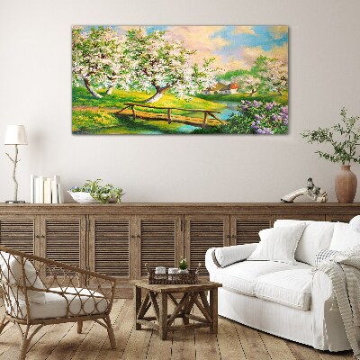 Glasbild Frühlingslandschaft mit Brücke