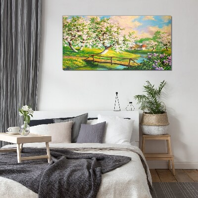 Glasbild Frühlingslandschaft mit Brücke