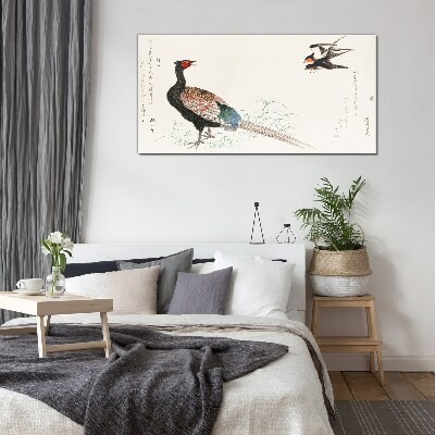 Glasbild Pfauentanz in Frühlingslandschaft