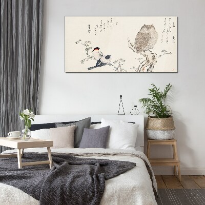 Glasbild Vögel und eine Eule auf einem Ast