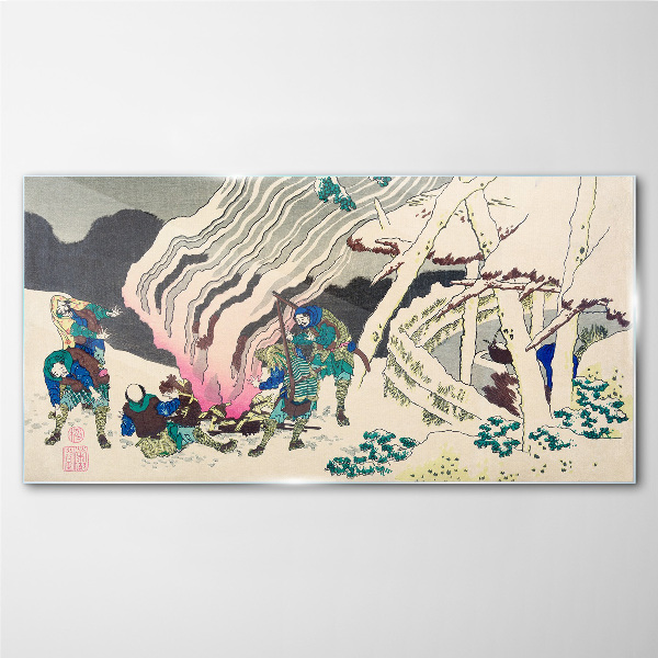 Glasbild Winterlandschaft mit Menschen am Lagerfeuer